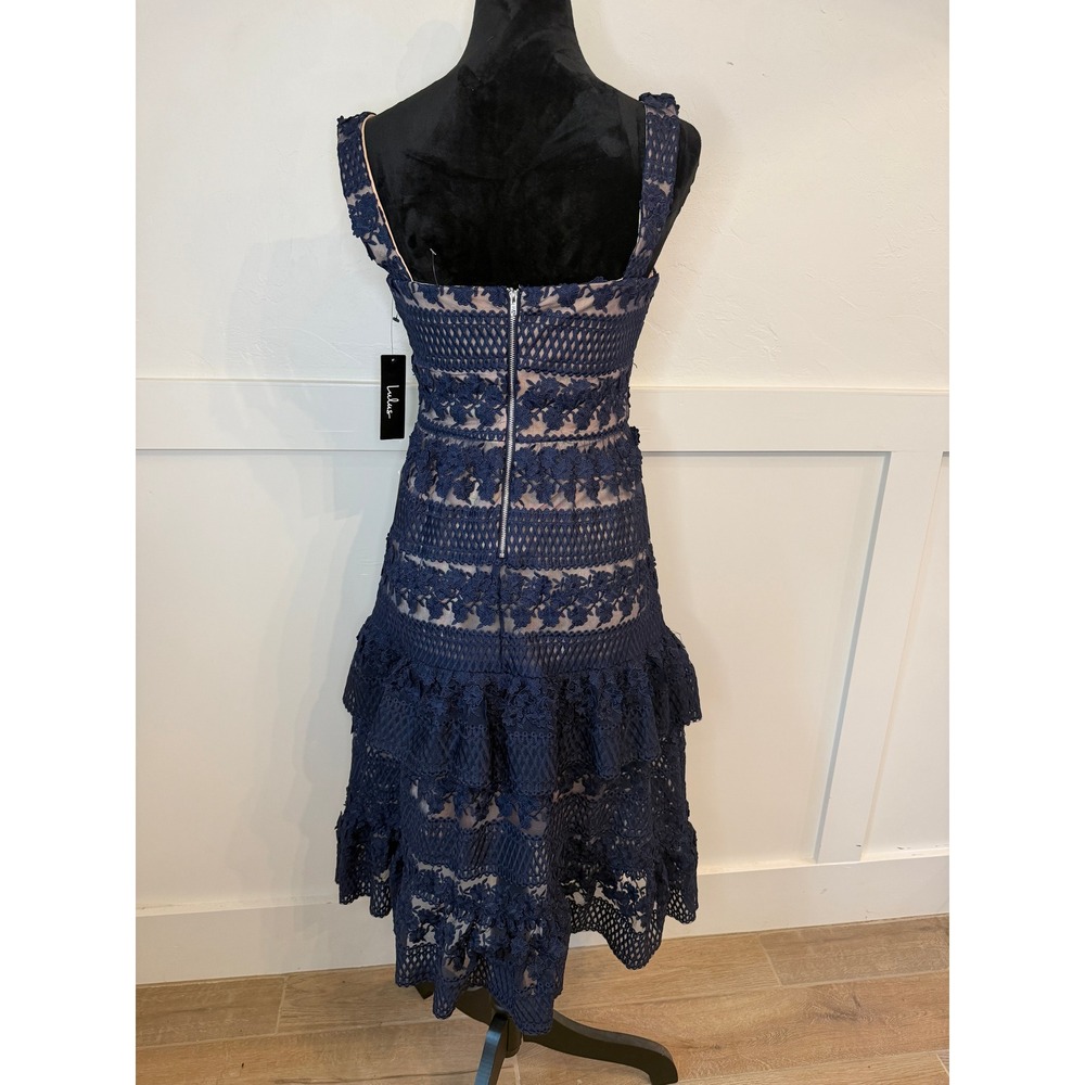 Lulus Remarkable Navy Blue Lace Tiered Midi Dress Square Neck NWT Small - Picture 4 of 8